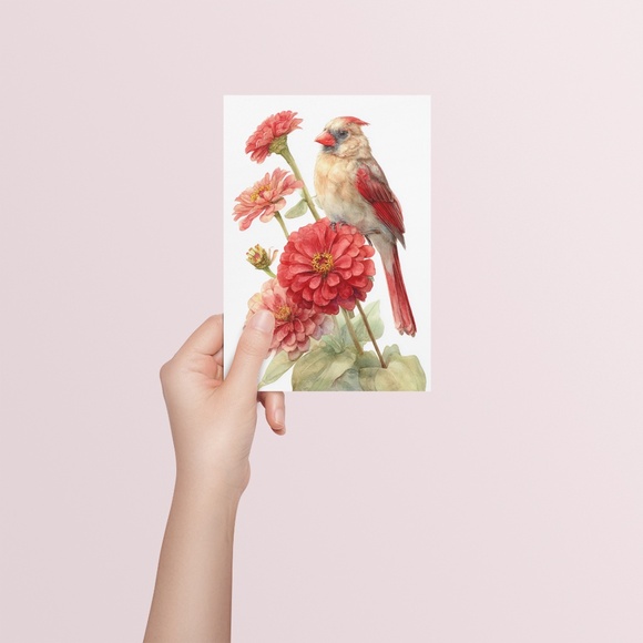 Watercolor Female Cardinal Bird with Zinnia Flowers Wall Art Print Unframed - Picture 5 of 6